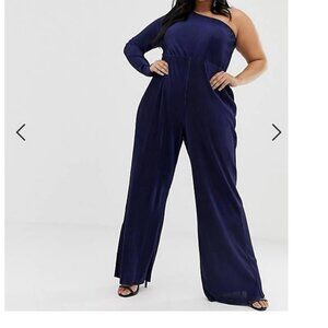 ASOS DESIGN Curve Women's Navy Blue One Shoulder Plisse Jumpsuit Size 22